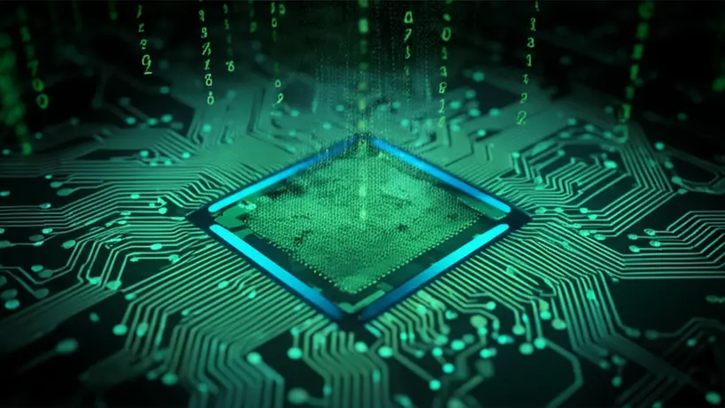 Representação visual de um algoritmo de inteligência artificial criando mídia sintética, com dados e códigos fluindo para formar uma imagem ou vídeo distorcido.
