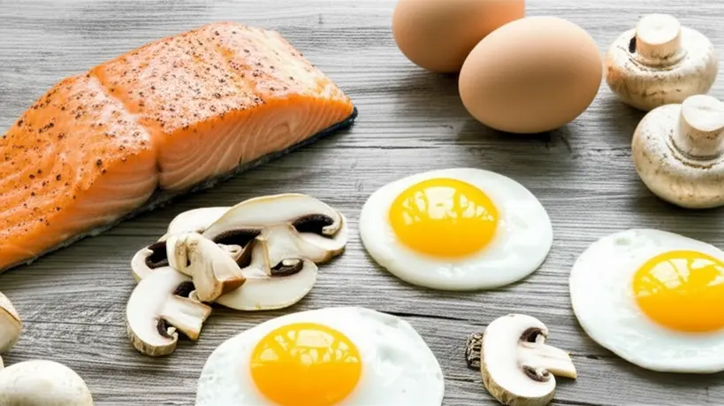 Seleção de alimentos como salmão, ovos e cogumelos, fontes de vitamina D, dispostos em uma mesa de madeira