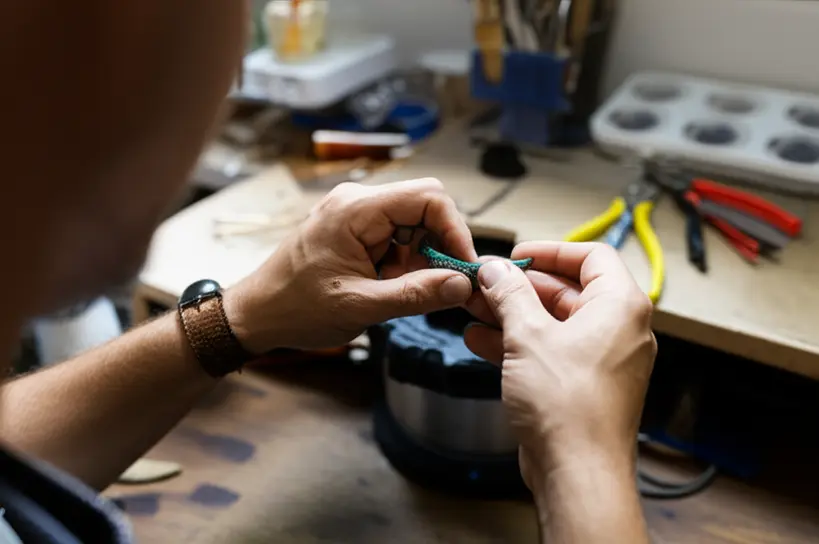 Mãos de artesão trabalhando em um produto artesanal, simbolizando personalização e valor