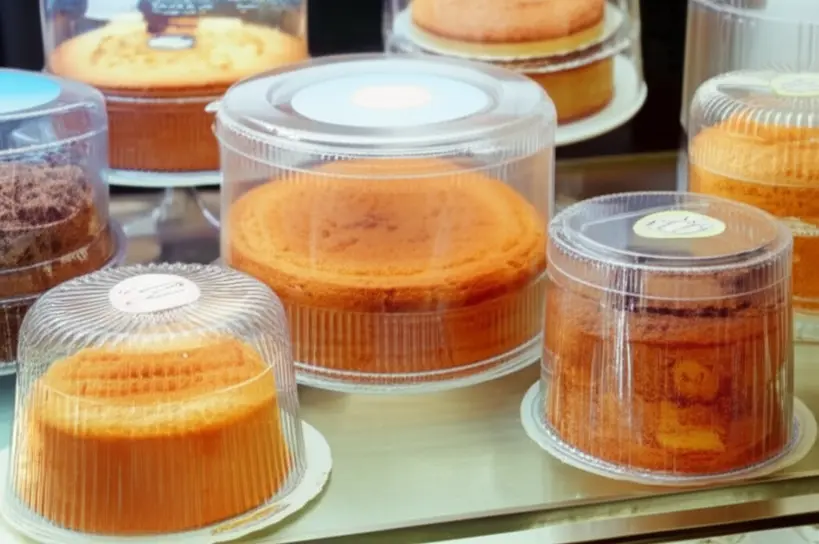 Bolos caseirinhos perfeitamente embalados em caixas transparentes, exibindo frescor e detalhes decorativos