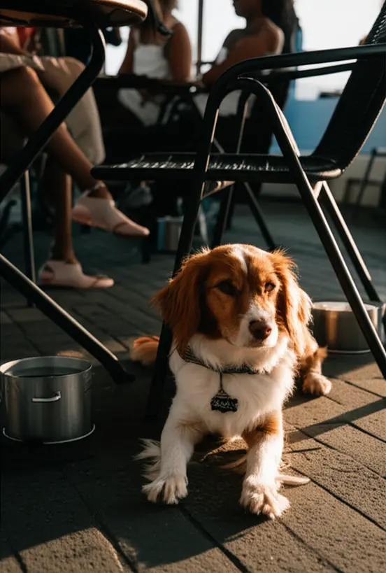 Cão de pequeno porte deitado calmamente sob uma mesa em uma área externa de uma cafeteria, com pessoas ao fundo e potes de água próximos.