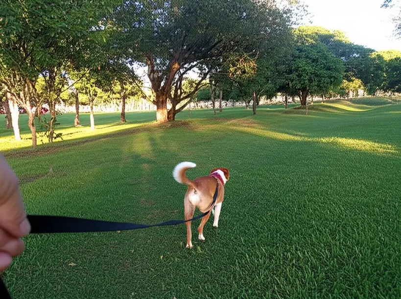 Cão de porte médio na guia, caminhando em uma trilha gramada no Parque da Sementeira, com árvores ao fundo e iluminação natural.