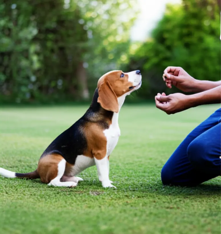 Beagle aprendendo o comando senta com reforço positivo