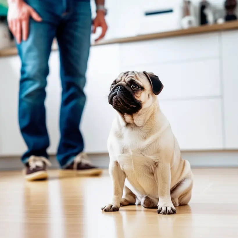 Cão pug praticando o comando fica em uma cozinha