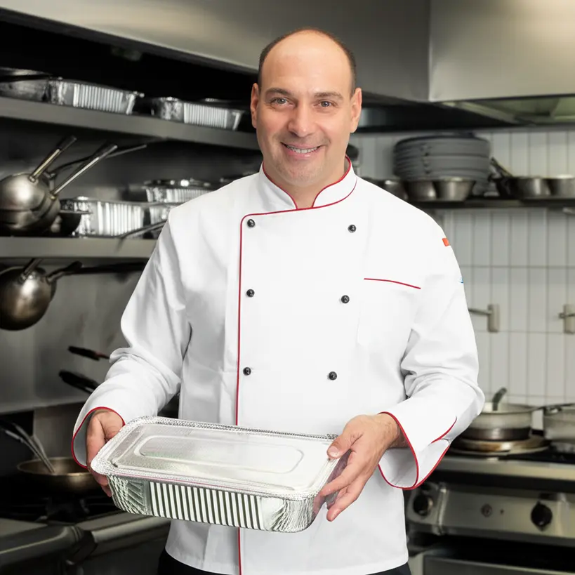 Chef de restaurante segurando uma marmita de alumínio em uma cozinha industrial organizada