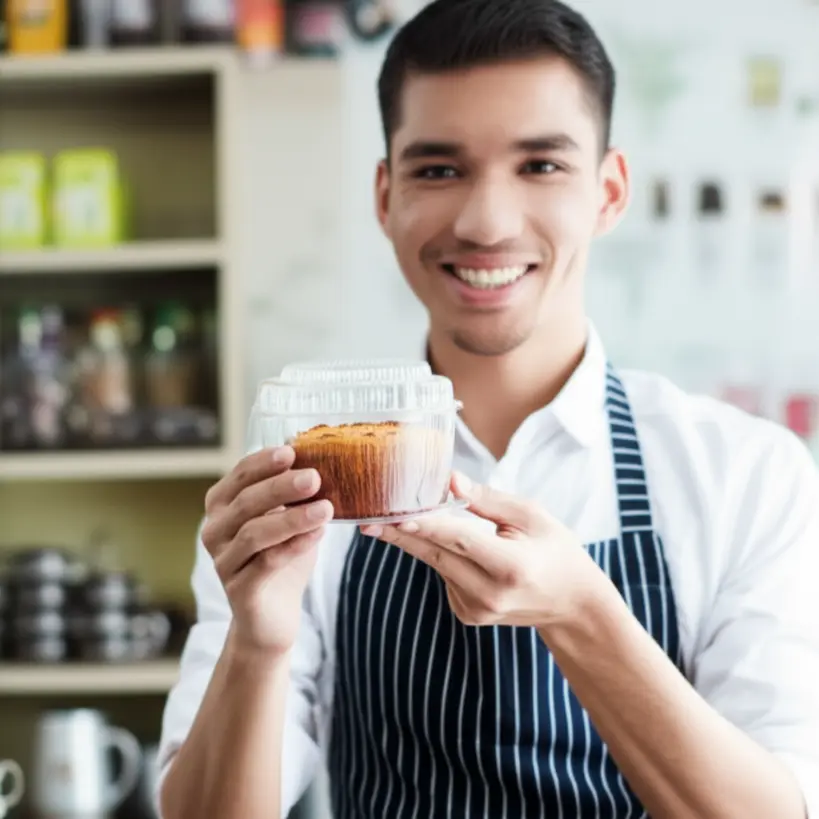 Cliente sorrindo ao receber um bolo caseirinho em embalagem transparente, destacando a satisfação
