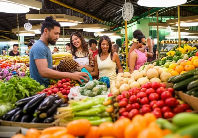 Pessoas interagindo e comprando felizes em uma feira local ou pequena loja de bairro, simbolizando o apoio ao comércio