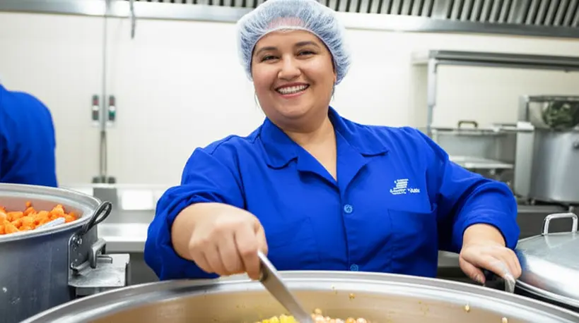 Cozinheira escolar preparando refeição saudável para alunos