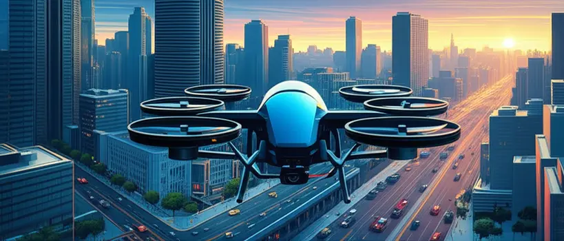 Drone de entrega sobrevoando uma cidade moderna com edifícios altos