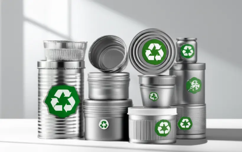 Marmita de alumínio com selo de reciclagem e alimentos frescos