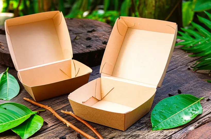 Embalagens de hambúrguer ecológicas feitas de papel kraft e materiais biodegradáveis, dispostas em um cenário natural com folhas verdes.