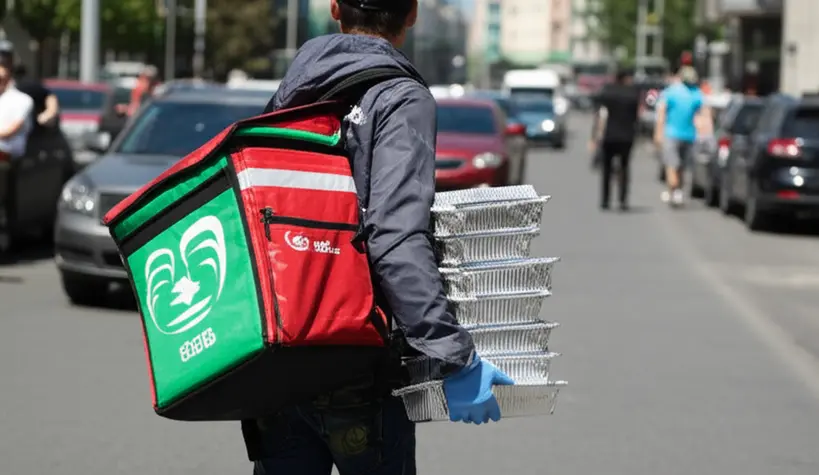 Entregador de alimentos com mochila térmica, segurando caixas de marmitas de alumínio empilhadas em uma rua movimentada da cidade