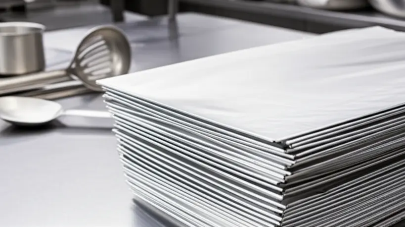 Folhas de alumínio empilhadas em uma cozinha industrial limpa, com utensílios de metal ao fundo
