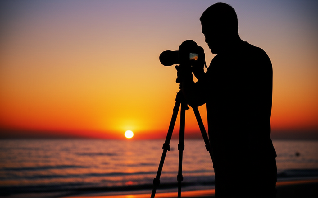 Fotógrafo capturando o pôr do sol na Porto da Barra com equipamento profissional Um fotógrafo com câmera profissional e tripé, de costas, capturando o pôr do sol espetacular na Porto da Barra, com cores vibrantes no céu.