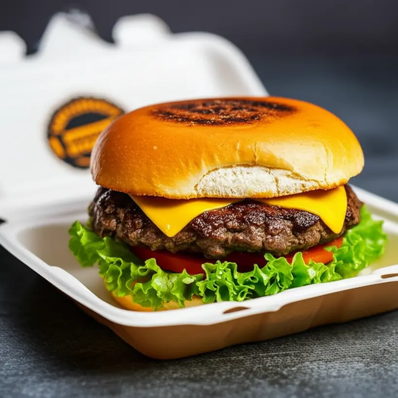 Hambúrguer artesanal quente e crocante em embalagem de delivery