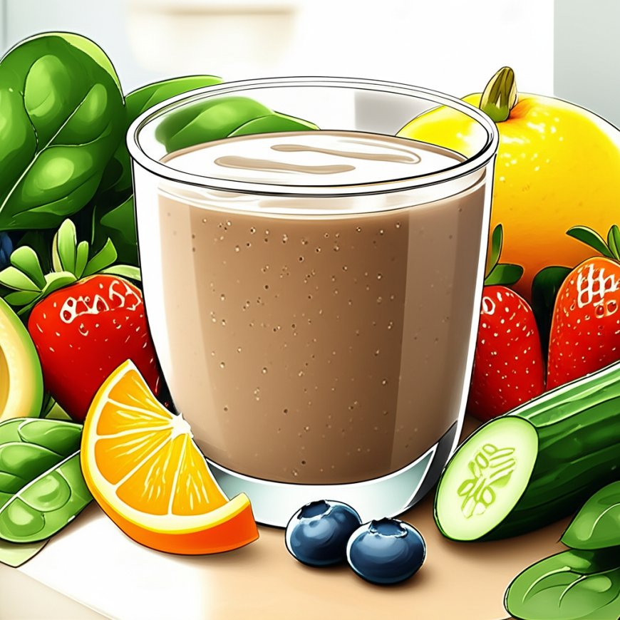 Um copo de água com psyllium misturado, formando um gel, ao lado de frutas e vegetais frescos.