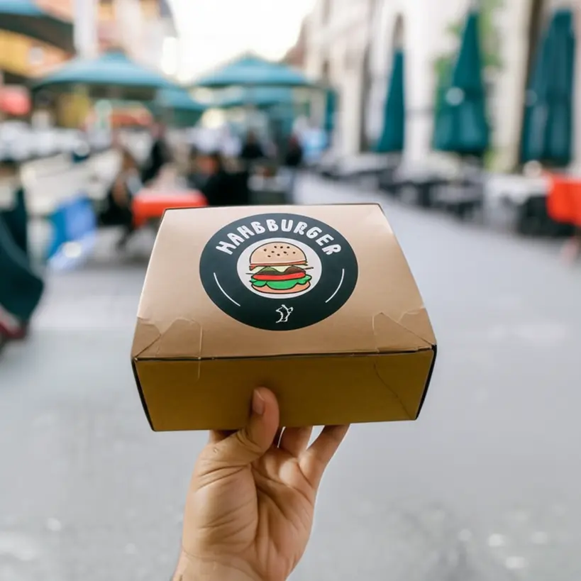 Mãos segurando uma caixa de hambúrguer personalizada com o logo da marca visível, em um ambiente urbano.
