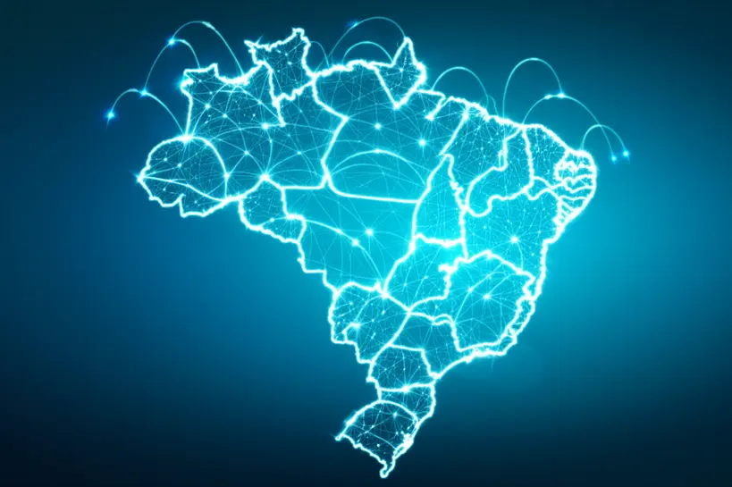 Ilustração de um mapa do Brasil com pontos de luz e linhas conectando pequenos negócios digitalmente