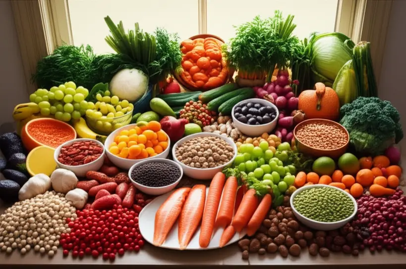 Mesa farta com frutas, vegetais, grãos integrais e peixes
