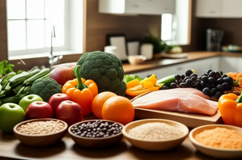 Mesa farta com alimentos frescos e saudáveis como frutas, vegetais, grãos e proteínas magras