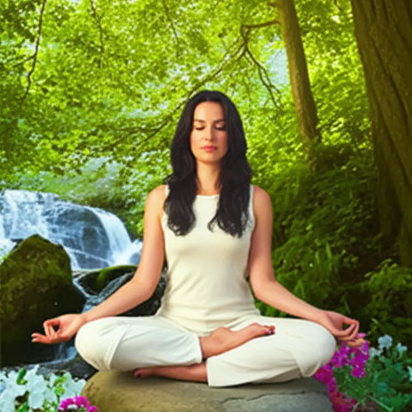 Mulher em posição de lótus meditando ao ar livre, transmitindo serenidade e bem-estar