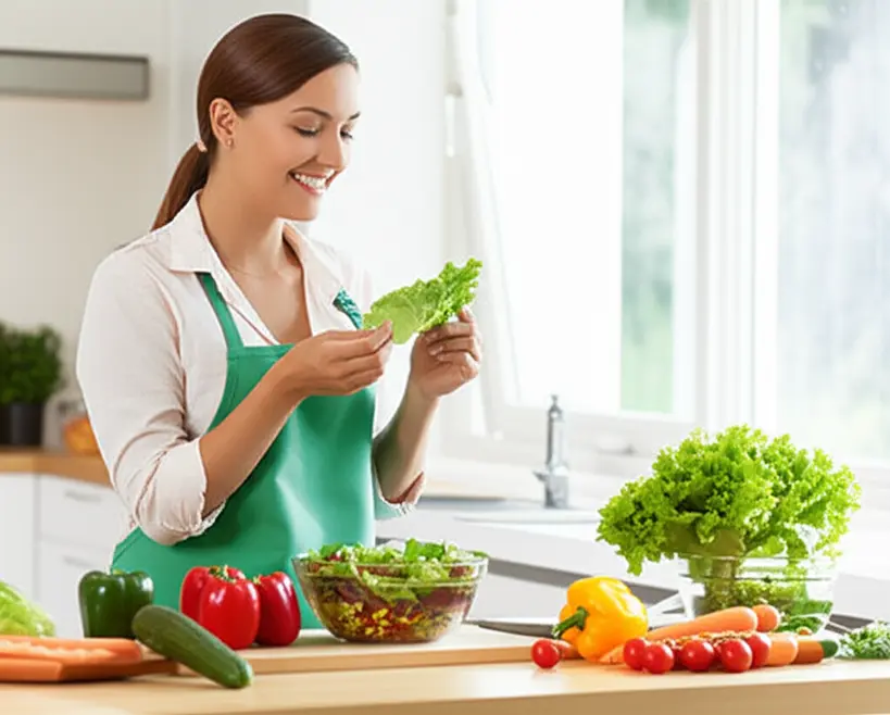 Mulher sorridente na cozinha, preparando uma salada fresca com diversos vegetais