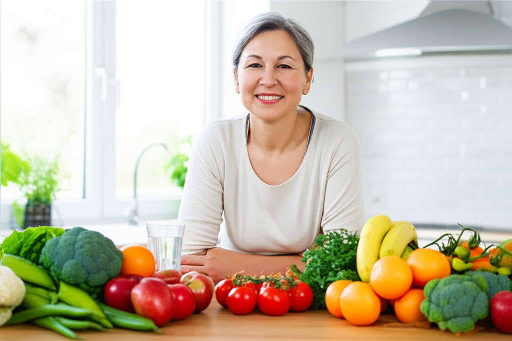 Mulher de meia-idade sorrindo, com uma mesa cheia de frutas, vegetais e um copo de água com psyllium, simbolizando bem-estar na menopausa.