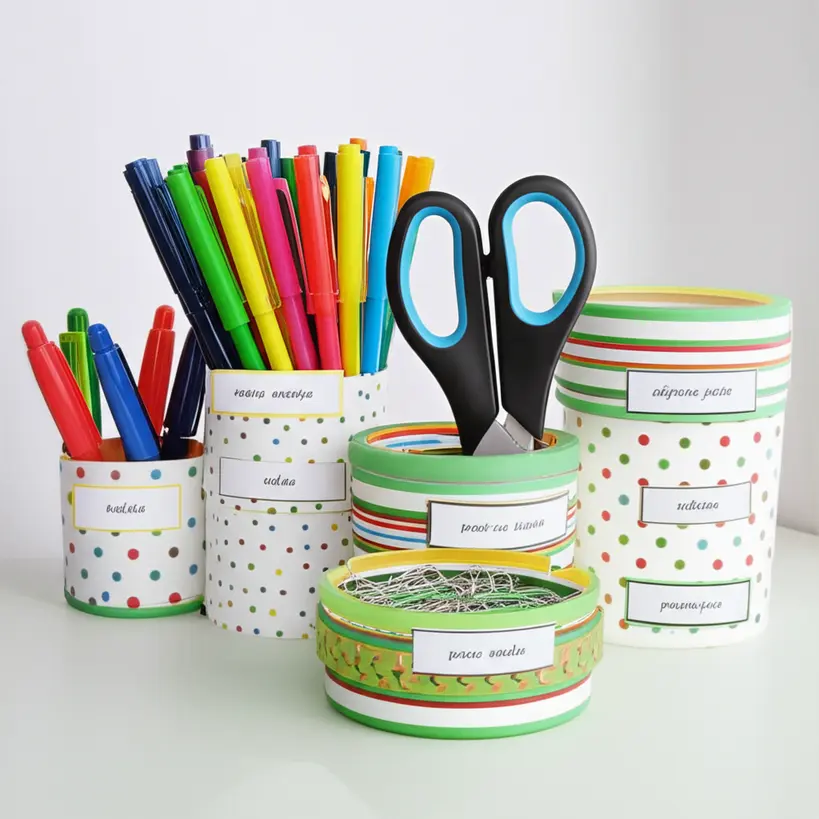 Potes de plástico decorados e usados para organizar materiais de escritório
