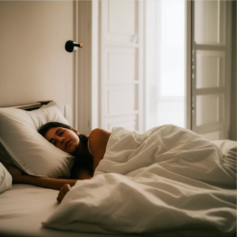 Pessoa dormindo em um quarto escuro e aconchegante