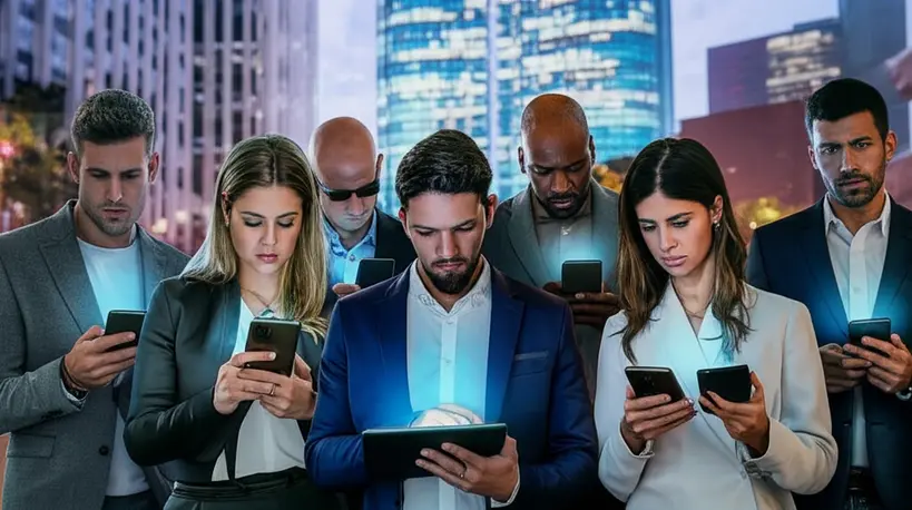 Grupo de pessoas diversas olhando para telas digitais com expressões de dúvida e questionamento, simbolizando a desconfiança em mídias sintéticas.