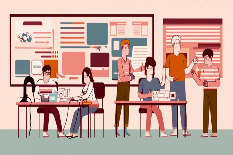 Pessoas trocando serviços como aulas e reparos em um ambiente de banco de tempo comunitário, simbolizando a economia solidária.