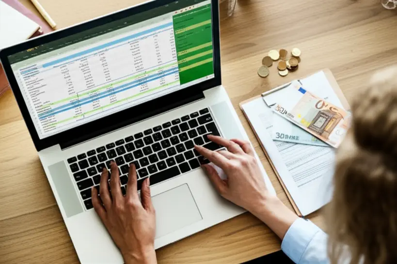 Pessoas organizando um orçamento doméstico em uma planilha digital, com foco em economia e planejamento financeiro.