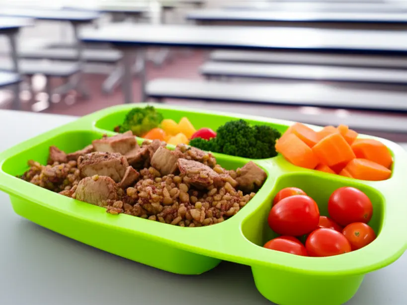 Prato de merenda escolar colorido e saudável com legumes frescos e carne