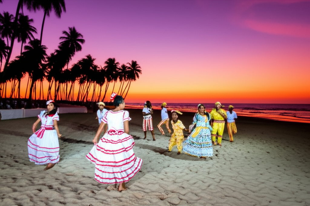 Grupo de quadrilha junina dançando alegremente em uma praia de Porto Seguro ao pôr do sol, com bandeirinhas coloridas ao fundo.