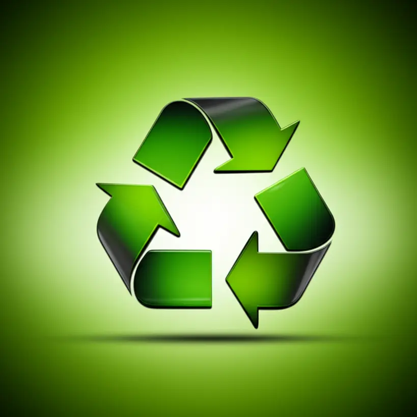 Símbolo universal de reciclagem com pilhas de embalagens de alumínio limpas e um fundo verde representando sustentabilidade