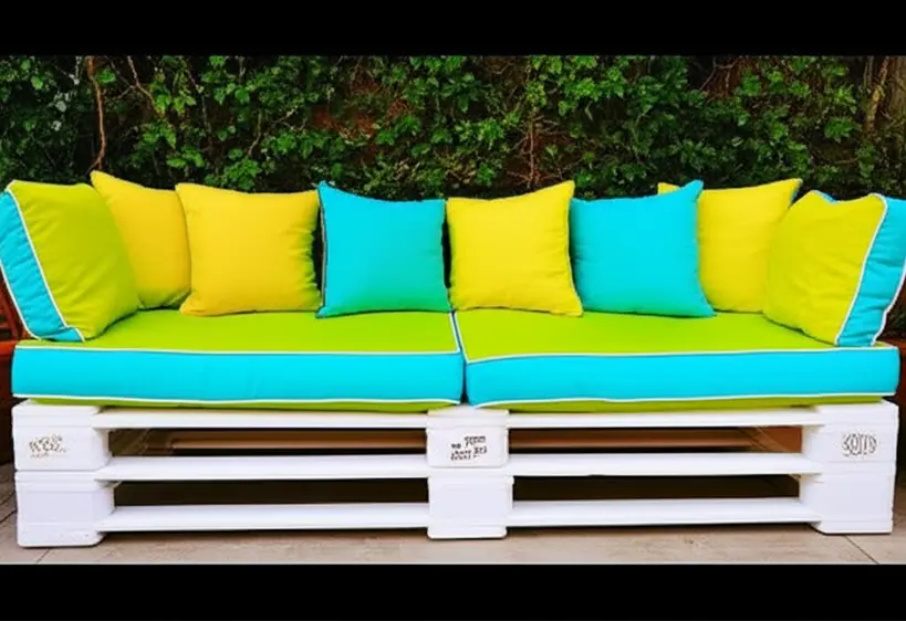 Sofá feito de pallets de madeira com almofadas coloridas