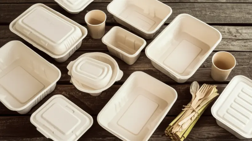 Diversos tipos de embalagens sustentáveis para delivery de alimentos, incluindo caixas de bagaço de cana e talheres de bambu