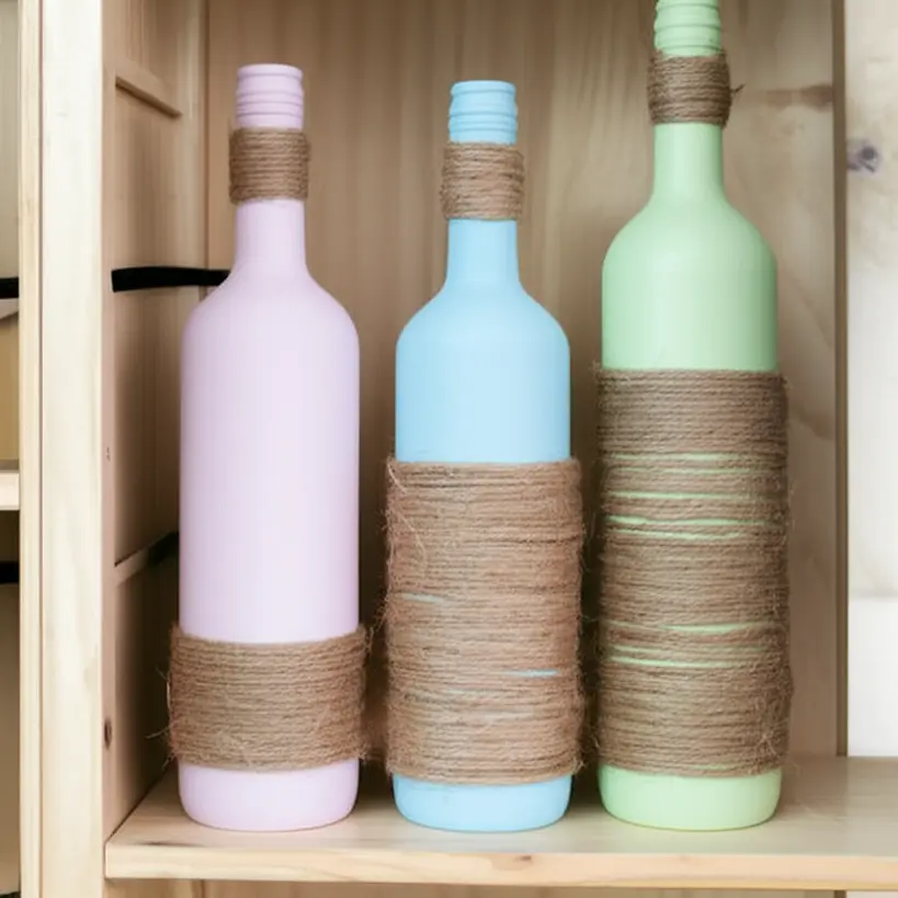 Garrafas de vidro transformadas em vasos com pintura e barbante