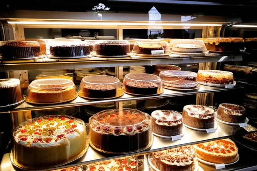 Exposição de vários bolos caseirinhos em embalagens transparentes em uma vitrine de confeitaria