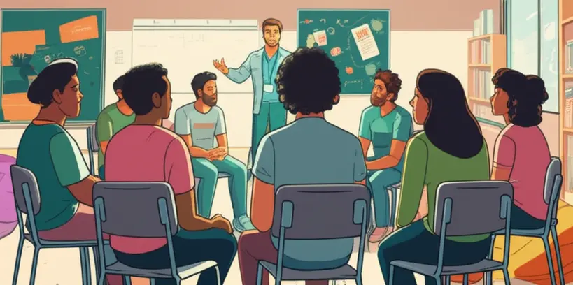 Grupo de adolescentes homens e mulheres em roda de conversa com um profissional de saúde, discutindo temas de bem-estar e prevenção.