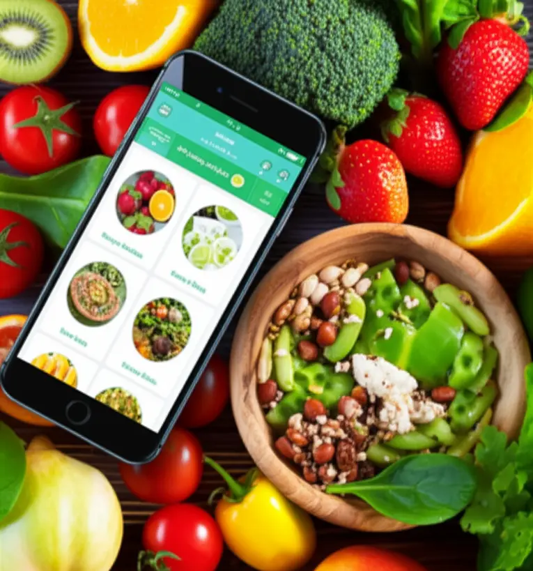 Mesa com alimentos saudáveis e app de nutrição Mesa com alimentos coloridos e smartphone com aplicativo de nutrição personalizada