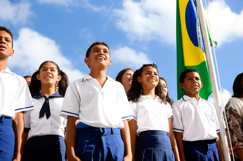 Grupo de alunos de diferentes idades cantando o Hino à Bandeira durante uma cerimônia cívica na escola, com expressões de orgulho e alegria.