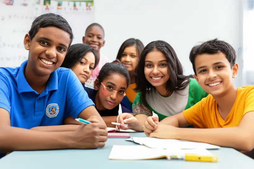 Grupo de alunos de diversas etnias participando de uma atividade escolar sobre Consciência Negra, com sorrisos e engajamento