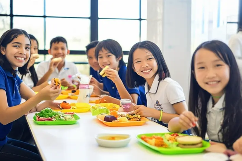 Alunos felizes e sorrindo comendo merenda escolar balanceada