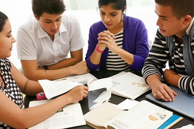 Alunos participando de um projeto cívico escolar Grupo de alunos engajados em um projeto cívico, discutindo ideias em uma mesa, com materiais de pesquisa e bandeiras do Brasil ao fundo.