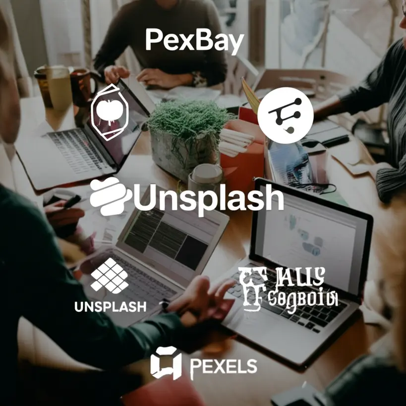 Pessoas usando laptops e tablets, com logotipos de bancos de imagens gratuitos como Unsplash, Pixabay, Pexels ao fundo