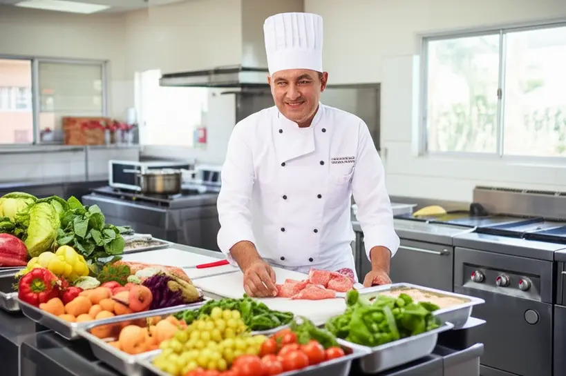 Chef preparando refeição escolar saudável e balanceada para crianças
