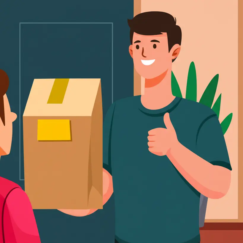 Ilustração de um consumidor feliz recebendo um pedido de delivery em embalagem Kraft sustentável