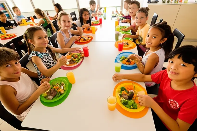 Foto de crianças de Sorocaba almoçando uma refeição escolar saudável e equilibrada