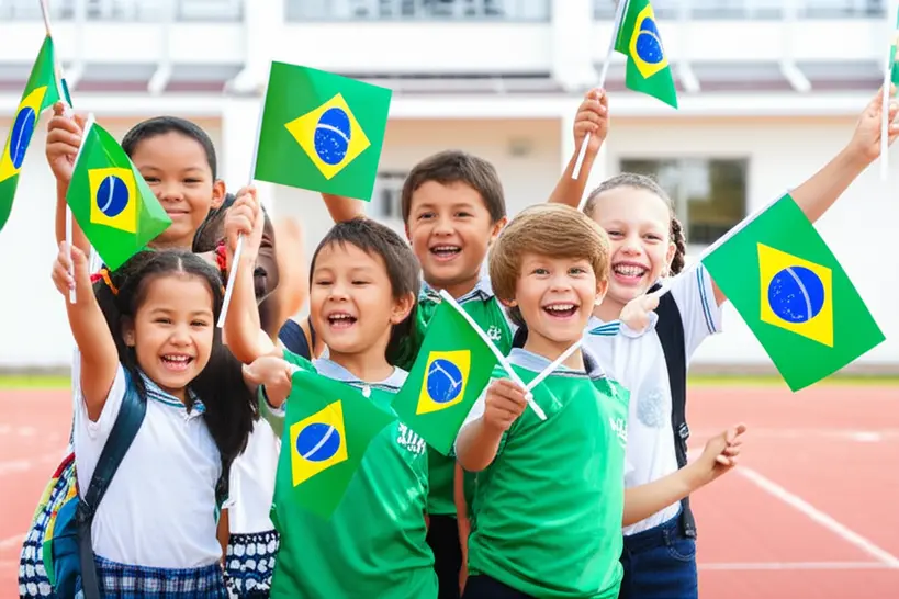 Grupo de crianças em uniforme escolar celebrando o Dia da Bandeira com pequenas bandeiras do Brasil